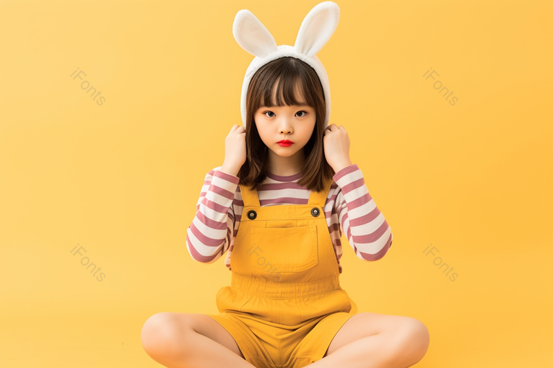 黄色背景儿童模特坐在地上玩戴着兔子耳朵摄影图,高清,摄影图,摄影图片,图片大全,摄影图免费下载